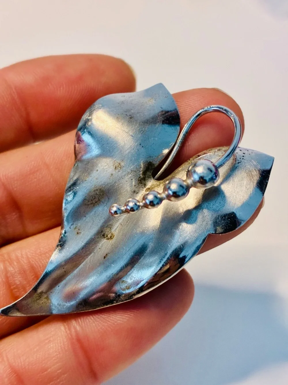 Silver Leaf Brooch with Graduated Spheres